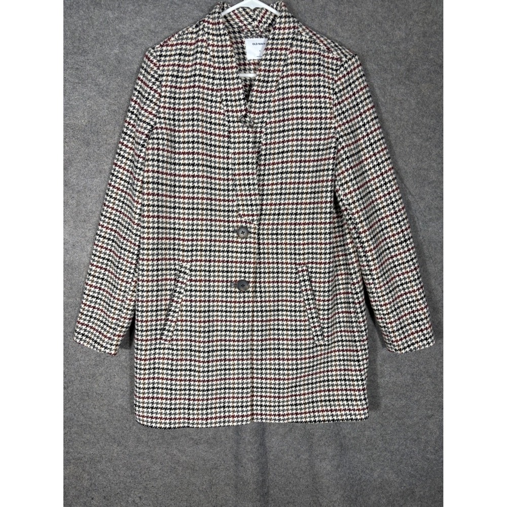 Old Navy Womens Houndstooth Car Coat Multi Print Burgundy Black Tan S 450977-01